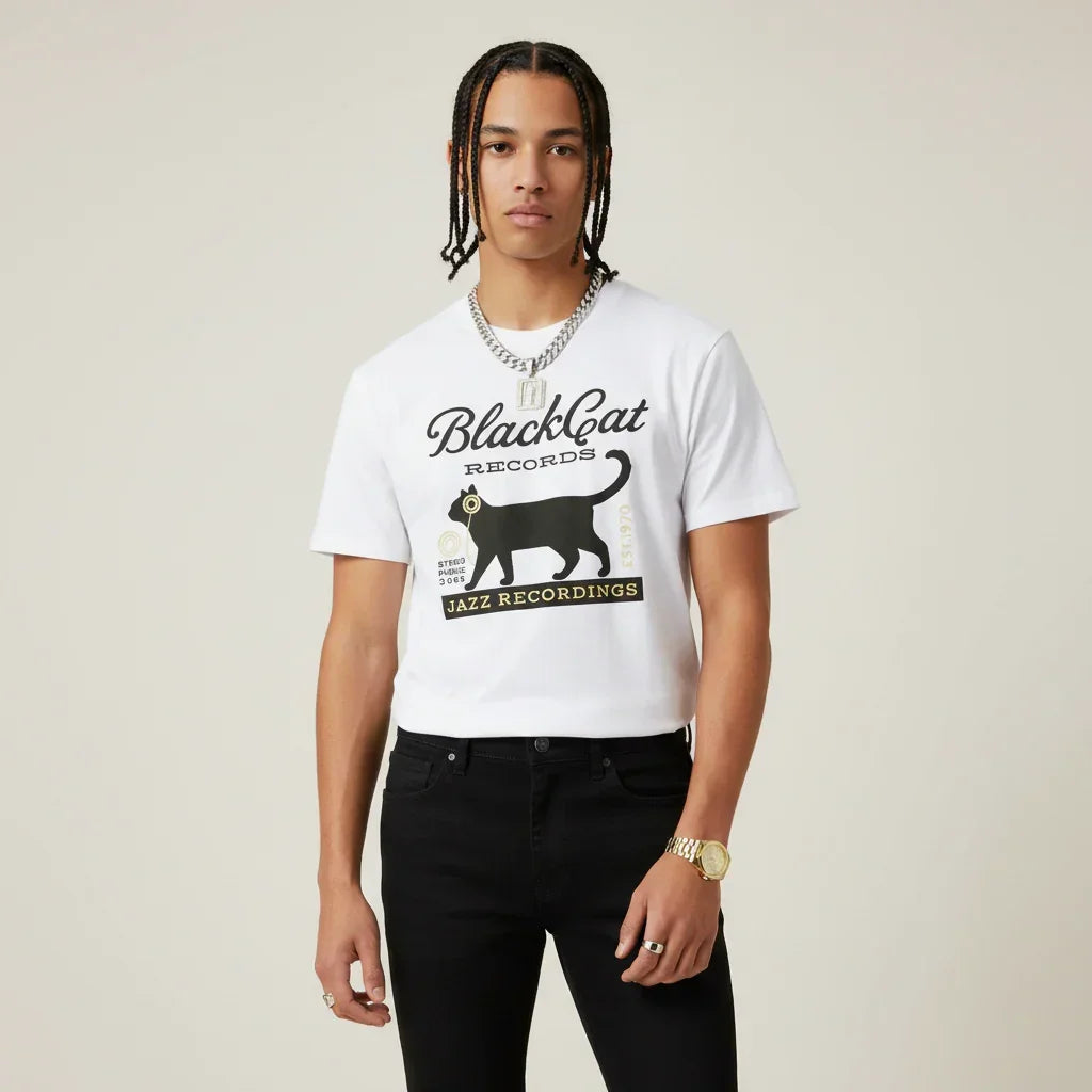 Japan T-Shirt Men’s Black Cat Records Jazz Printed Tee | Rebooters