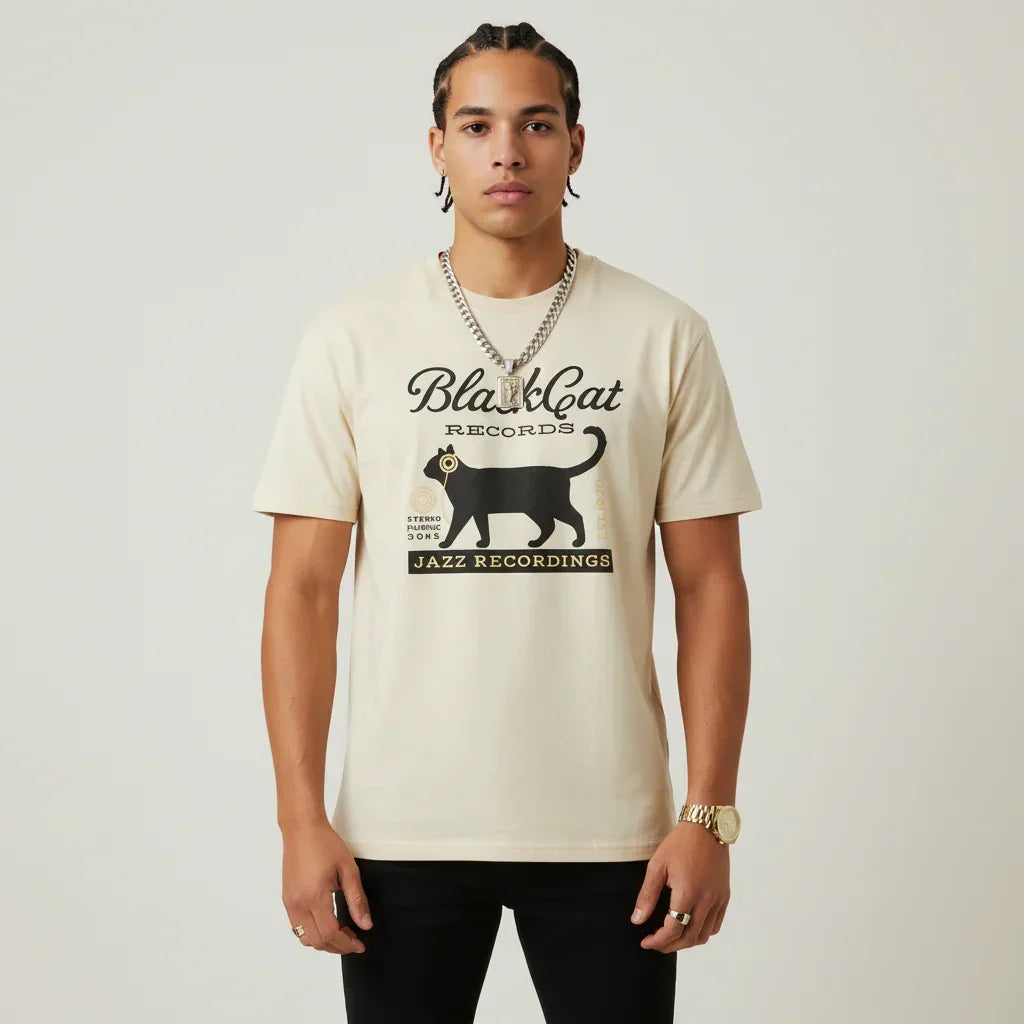 Japan T-Shirt Men’s Black Cat Records Jazz Printed Tee | Rebooters