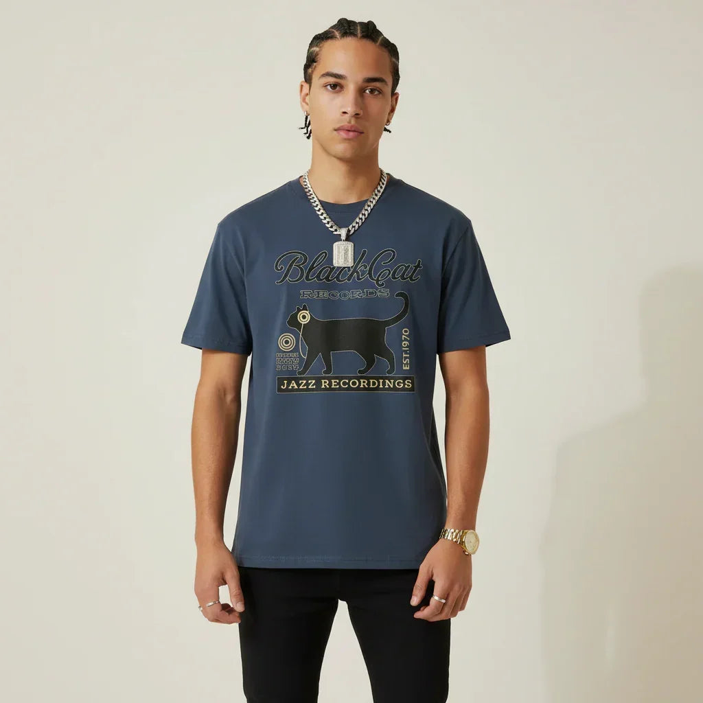Japan T-Shirt Men’s Black Cat Records Jazz Printed Tee | Rebooters
