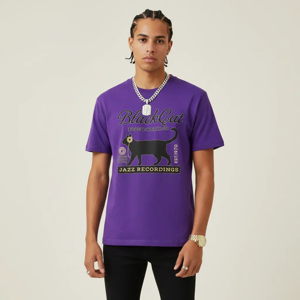 Japan T-Shirt Men’s Black Cat Records Jazz Printed Tee | Rebooters