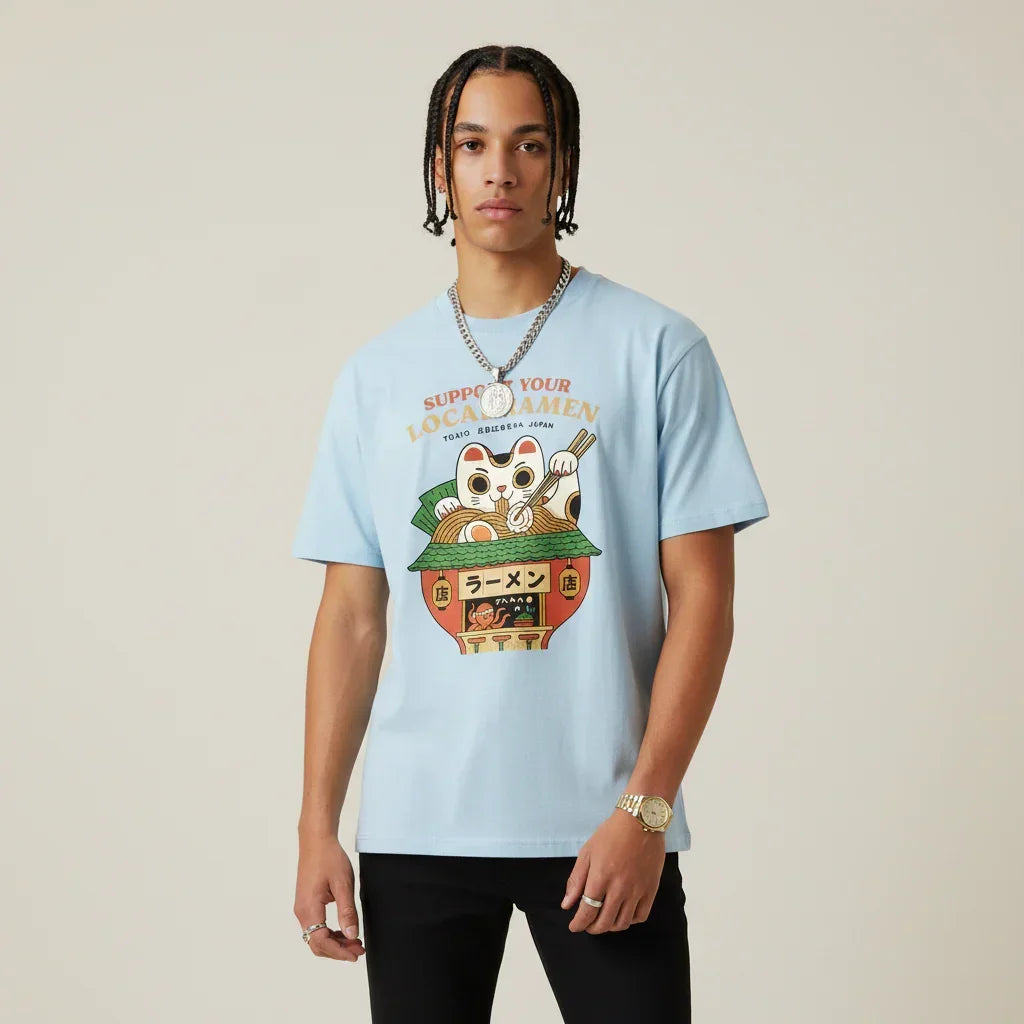 Japan T-Shirt Men’s Lucky Cat Ramen Shop Printed Tee | Rebooters