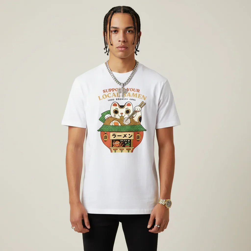Japan T-Shirt Men’s Lucky Cat Ramen Shop Printed Tee | Rebooters