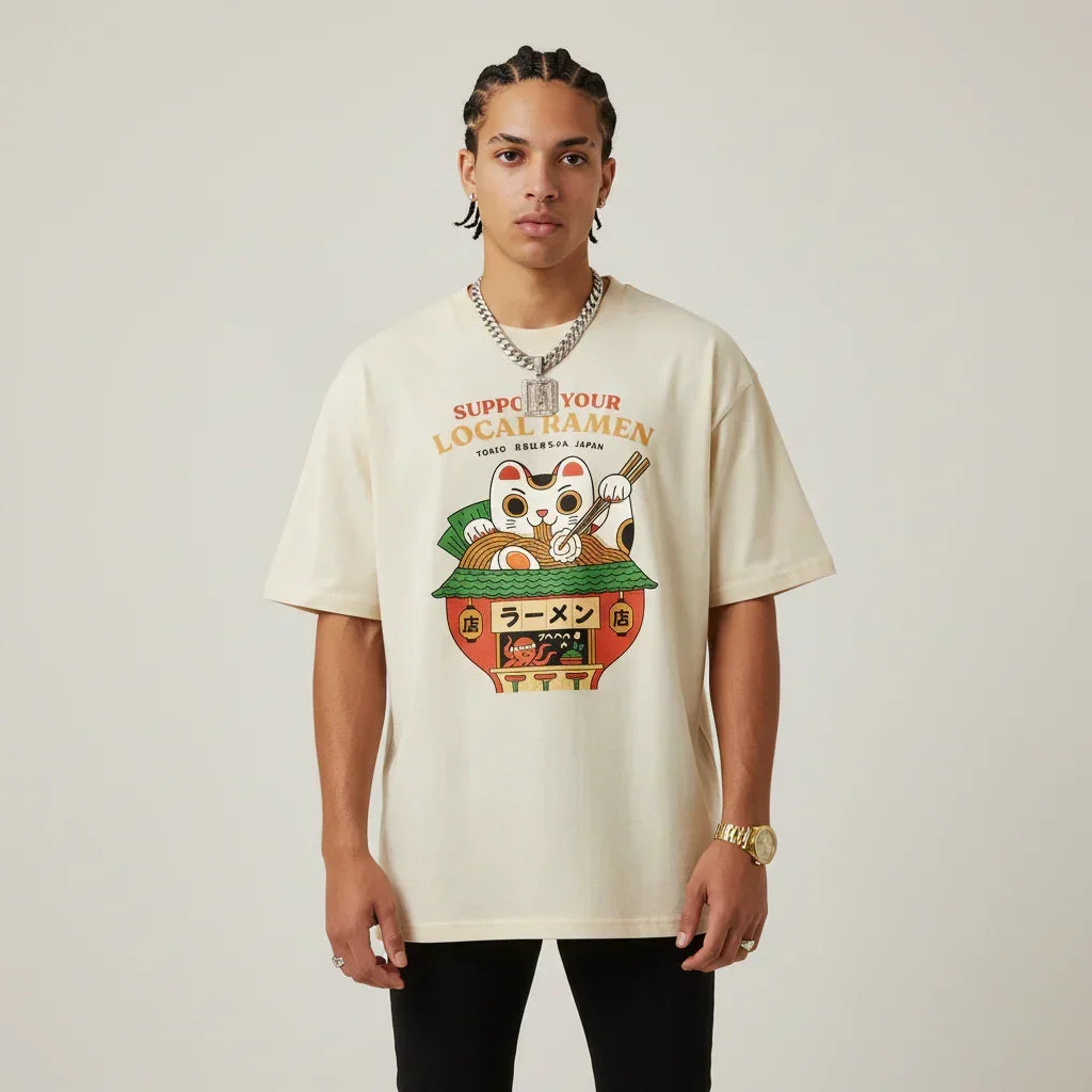 Japan T-Shirt Men’s Lucky Cat Ramen Shop Printed Tee | Rebooters