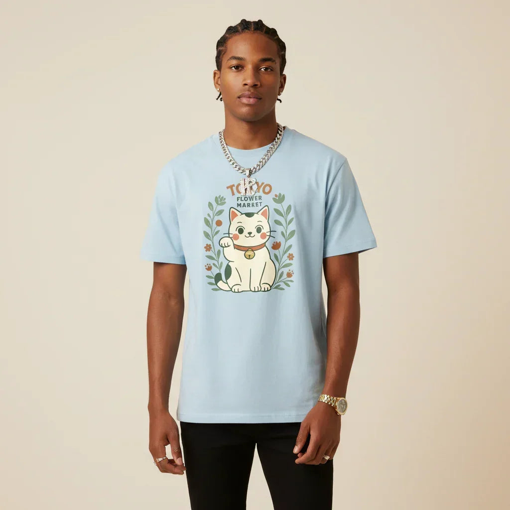 Japan T-Shirt Men’s Lucky Cat Tokyo Flower Market | Rebooters