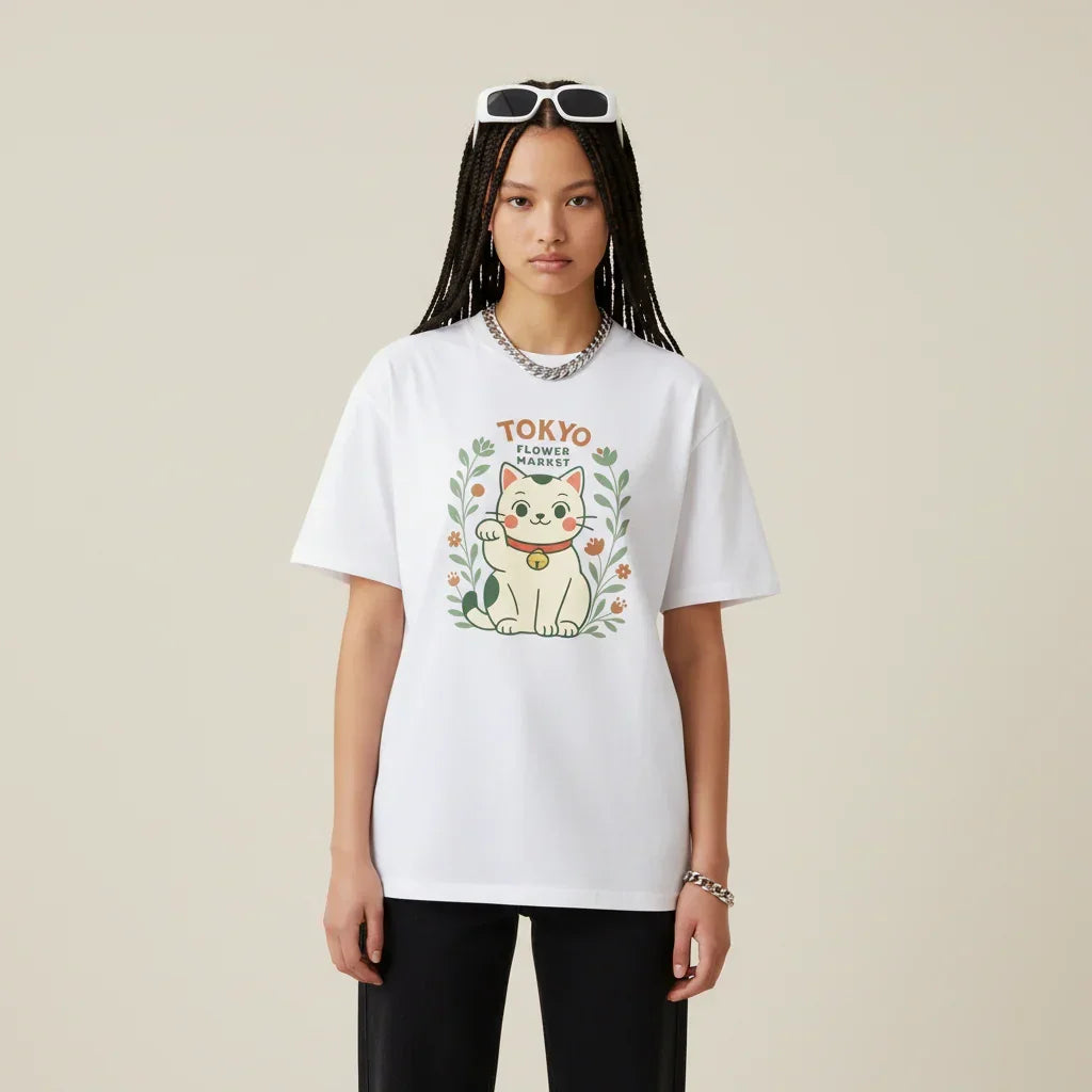 Japan T-Shirt Men’s Lucky Cat Tokyo Flower Market | Rebooters