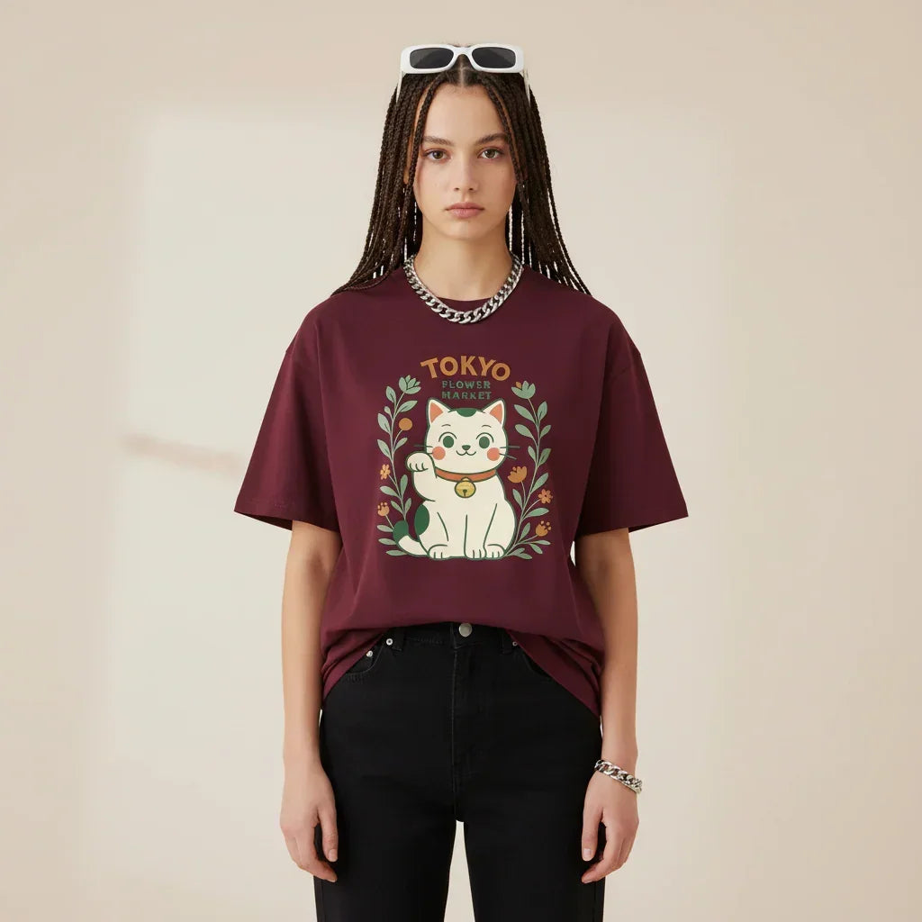 Japan T-Shirt Men’s Lucky Cat Tokyo Flower Market | Rebooters