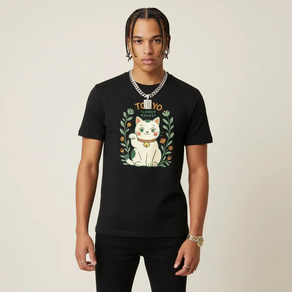 Japan T-Shirt Men’s Lucky Cat Tokyo Flower Market | Rebooters