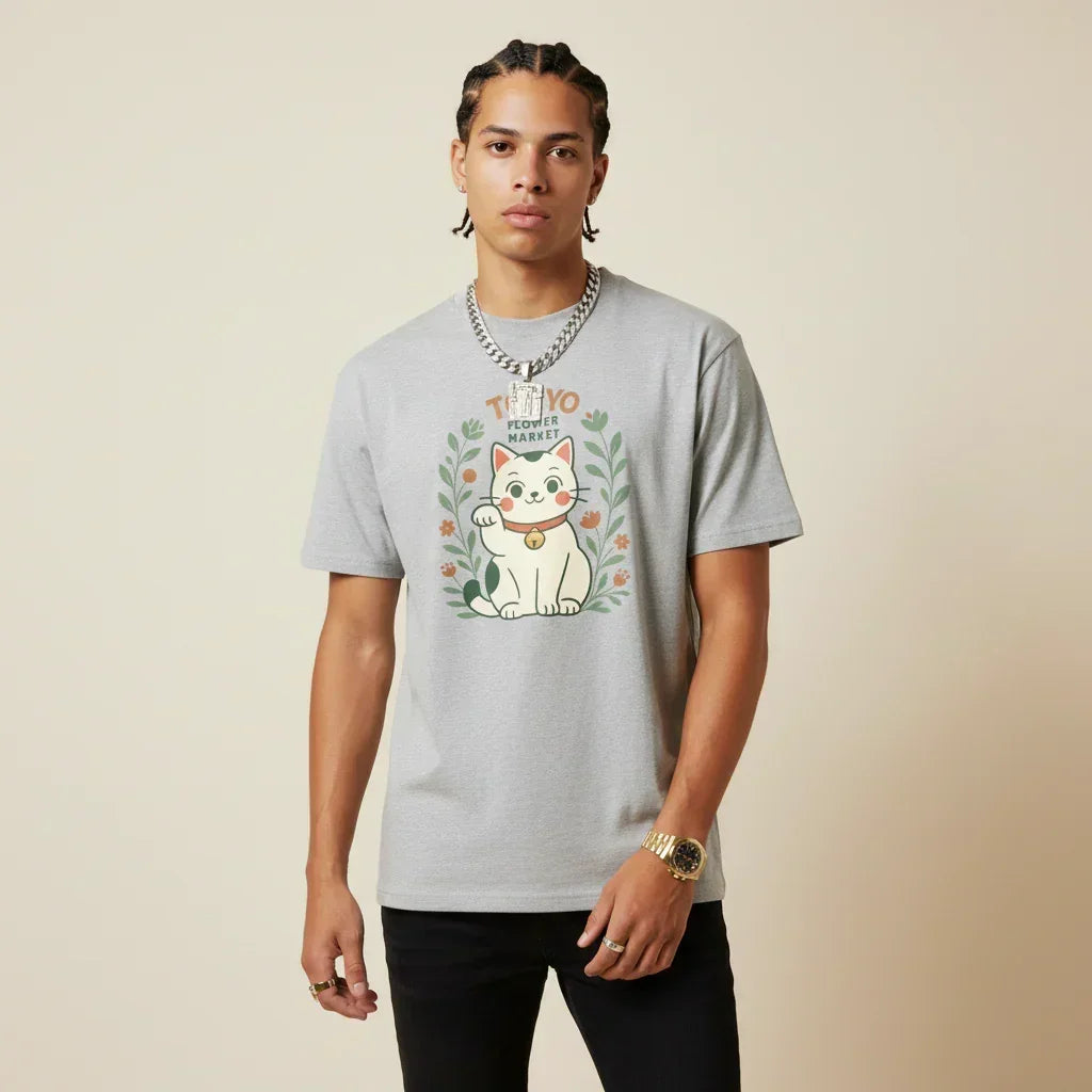 Japan T-Shirt Men’s Lucky Cat Tokyo Flower Market | Rebooters
