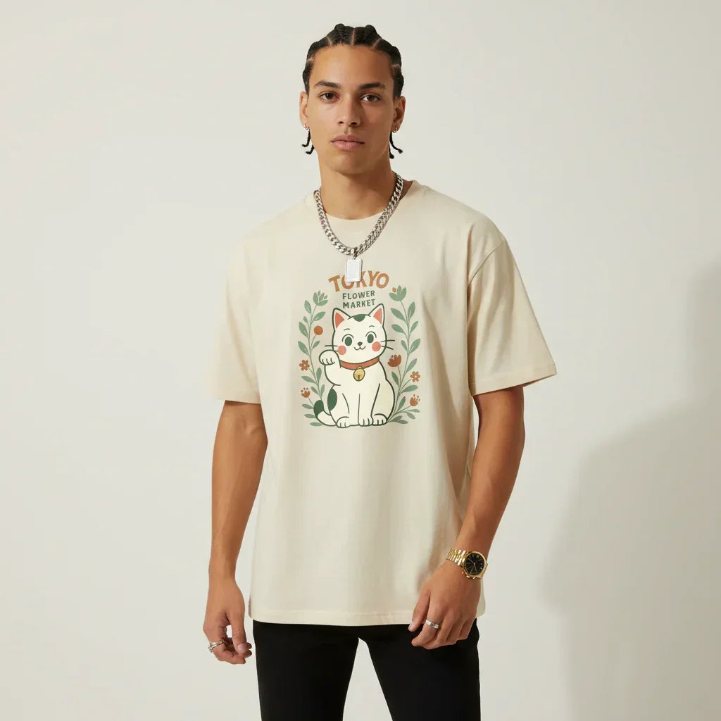 Japan T-Shirt Men’s Lucky Cat Tokyo Flower Market | Rebooters