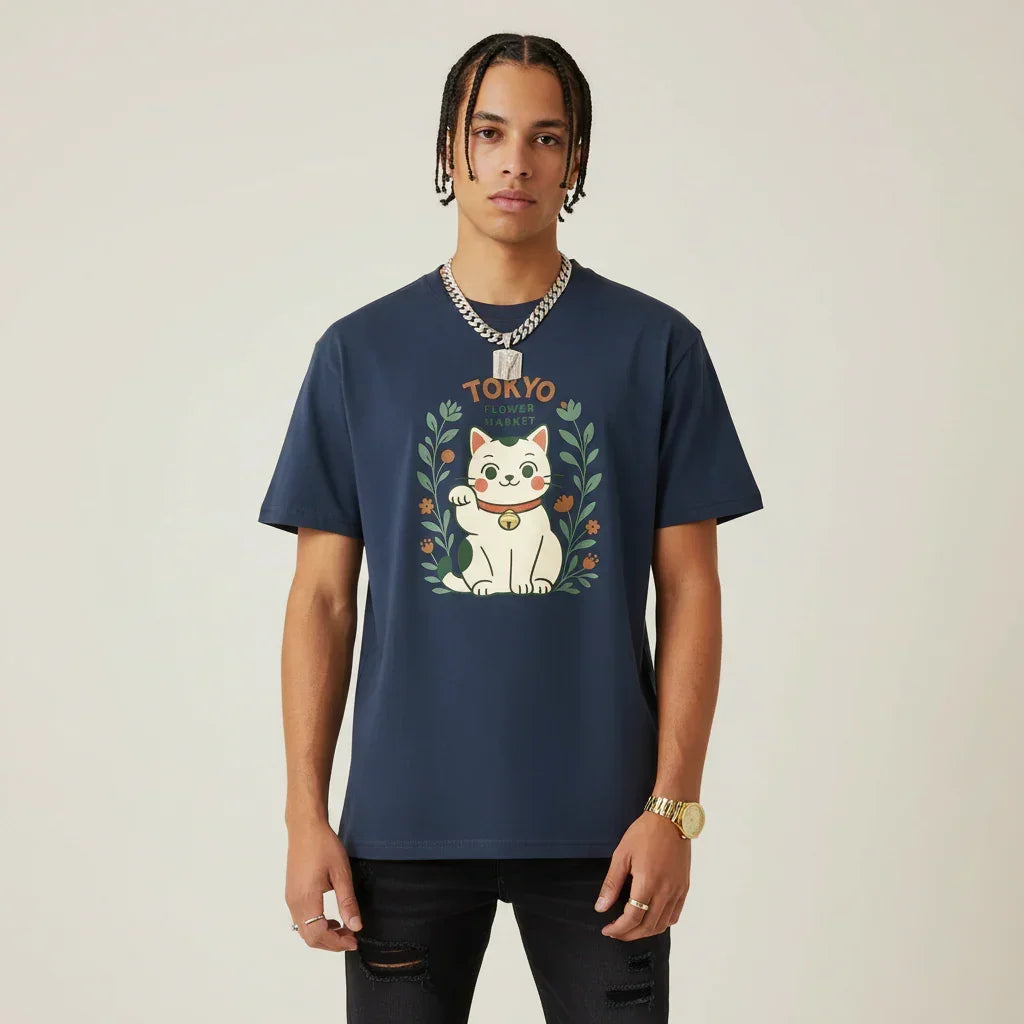 Japan T-Shirt Men’s Lucky Cat Tokyo Flower Market | Rebooters
