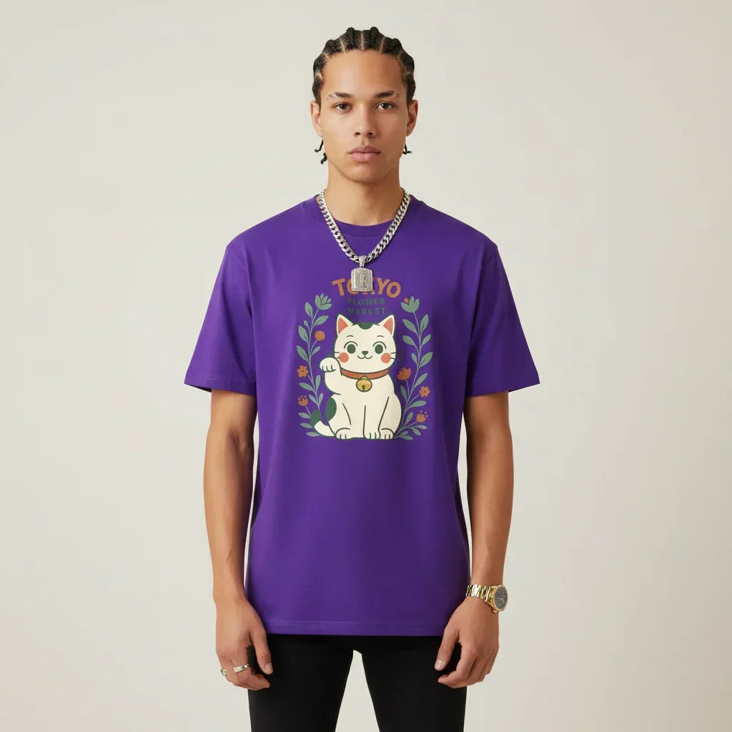 Japan T-Shirt Men’s Lucky Cat Tokyo Flower Market | Rebooters