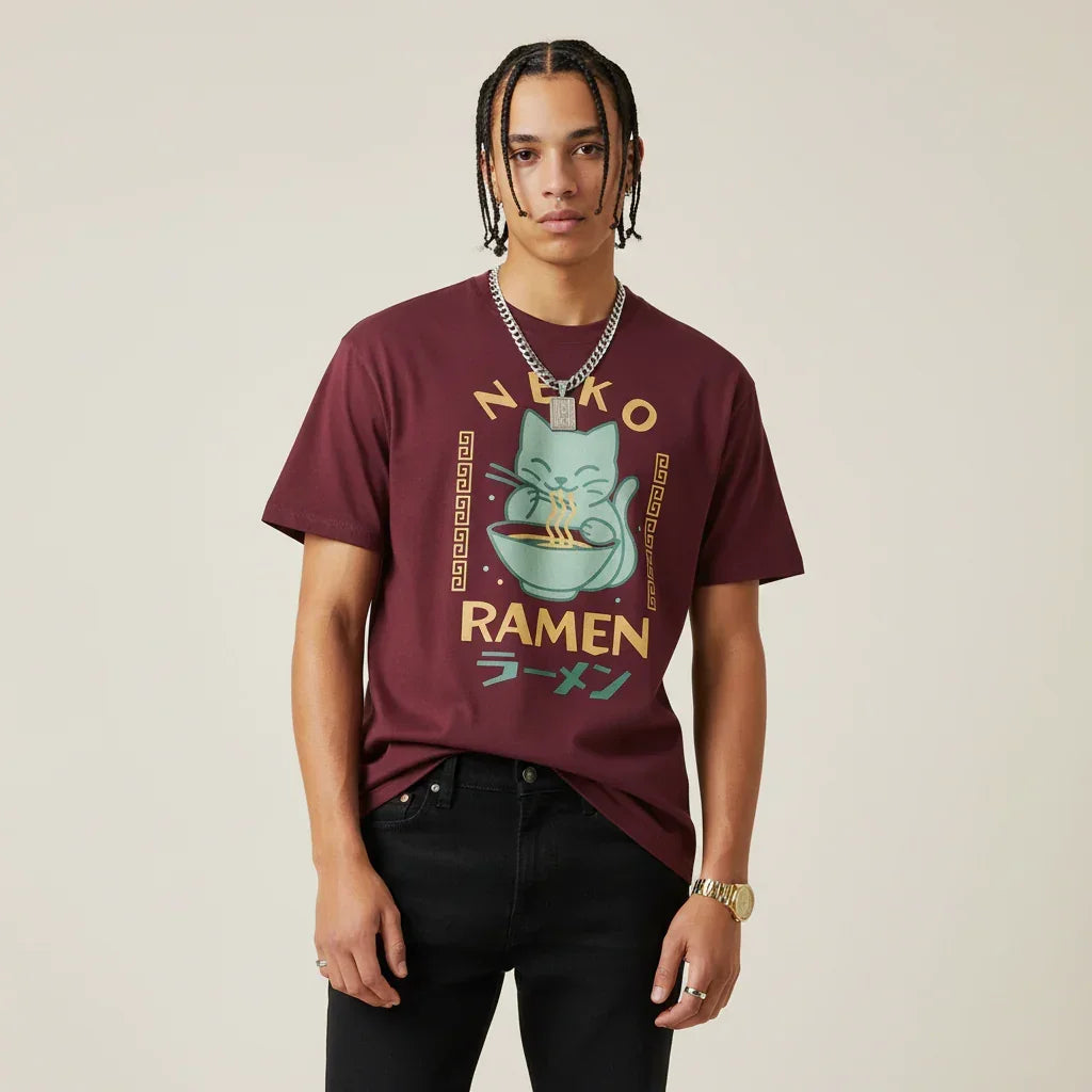 Japan T-Shirt Men’s Neko Ramen Cat Printed Tee | Rebooters