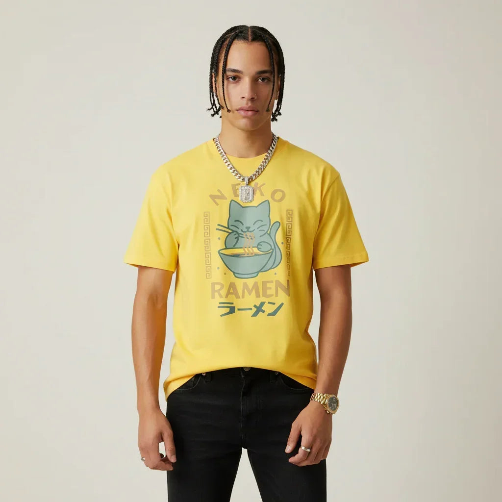 Japan T-Shirt Men’s Neko Ramen Cat Printed Tee | Rebooters