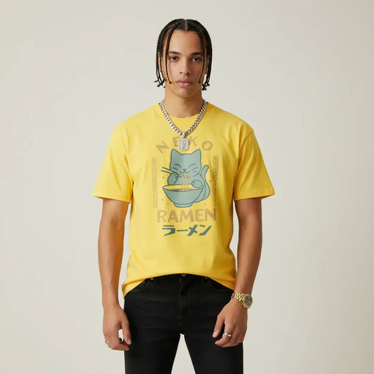 Japan T-Shirt Men’s Neko Ramen Cat Printed Tee | Rebooters