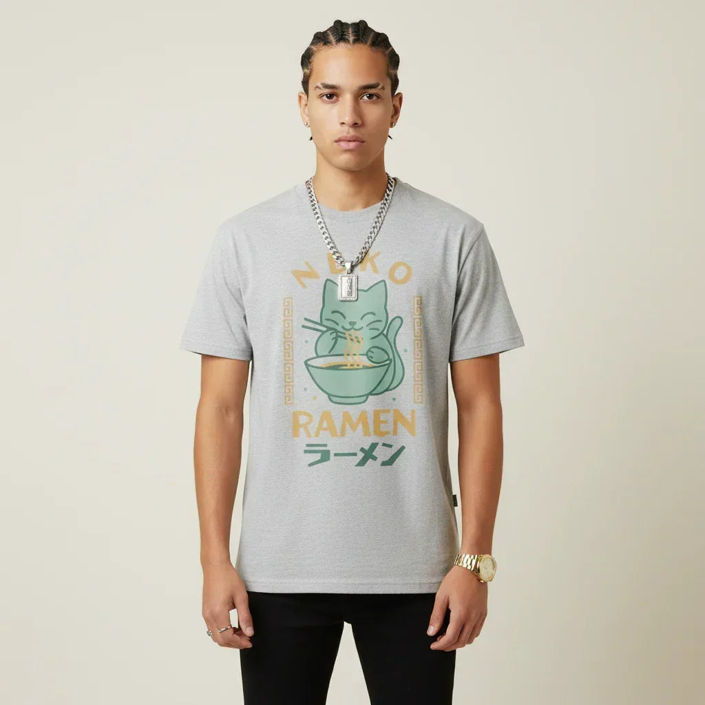 Japan T-Shirt Men’s Neko Ramen Cat Printed Tee | Rebooters