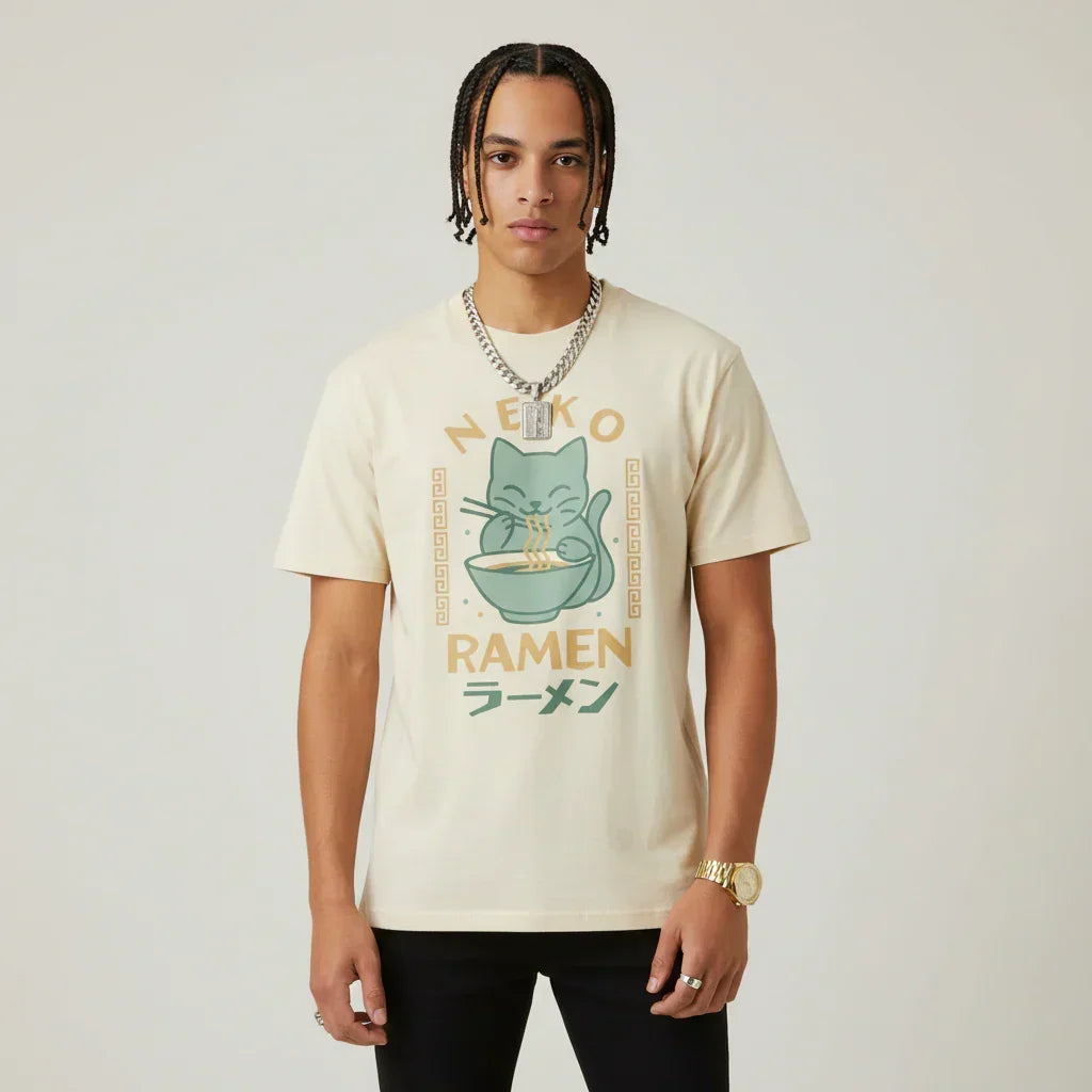 Japan T-Shirt Men’s Neko Ramen Cat Printed Tee | Rebooters