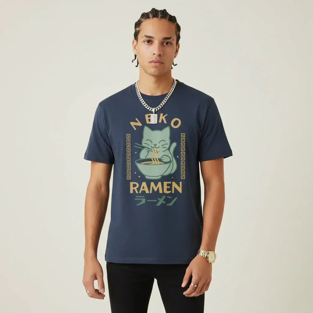 Japan T-Shirt Men’s Neko Ramen Cat Printed Tee | Rebooters