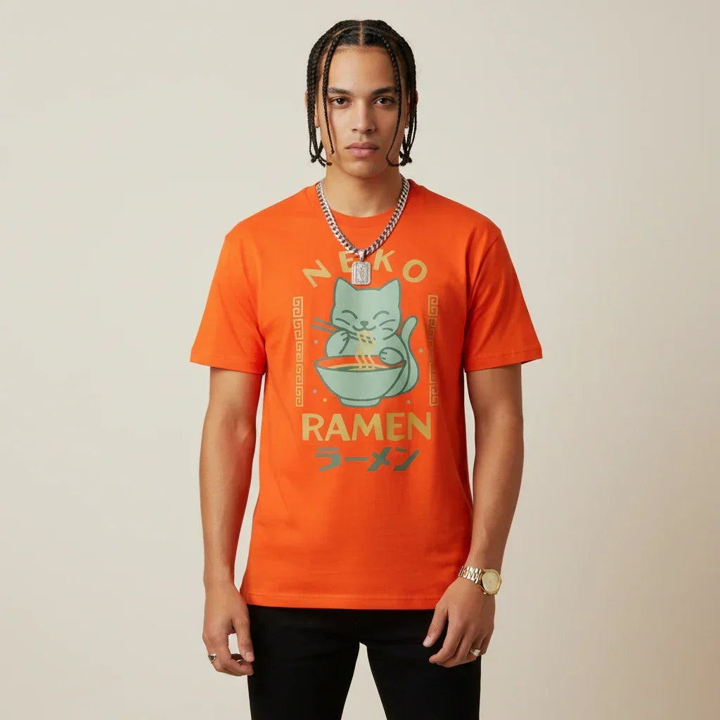 Japan T-Shirt Men’s Neko Ramen Cat Printed Tee | Rebooters
