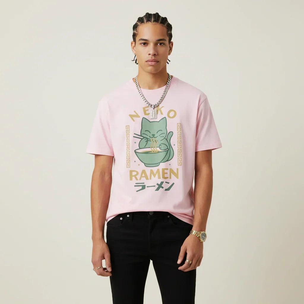 Japan T-Shirt Men’s Neko Ramen Cat Printed Tee | Rebooters
