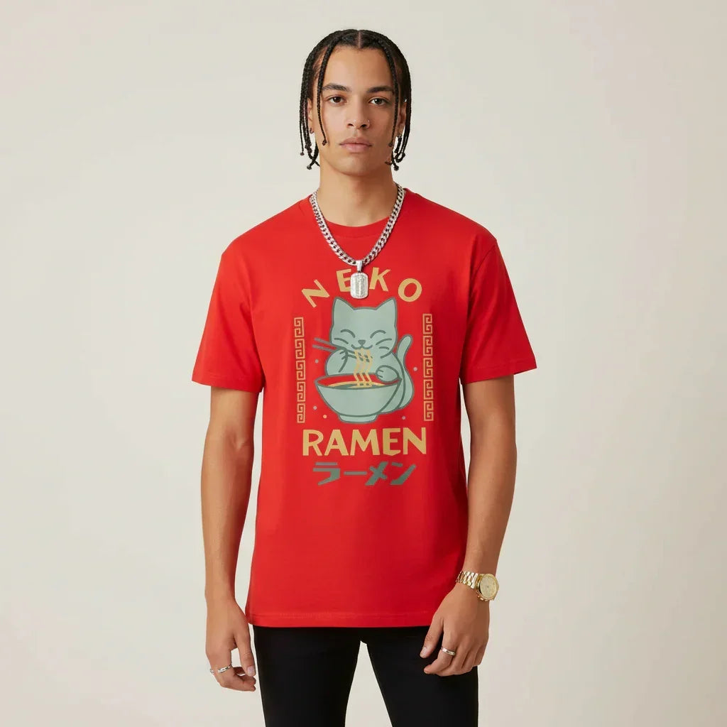 Japan T-Shirt Men’s Neko Ramen Cat Printed Tee | Rebooters
