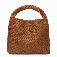 Caramel brown woven leather hobo shoulder bag with single handle on white background