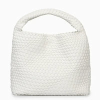 White woven hobo shoulder bag with single handle, minimalist modern design on white background