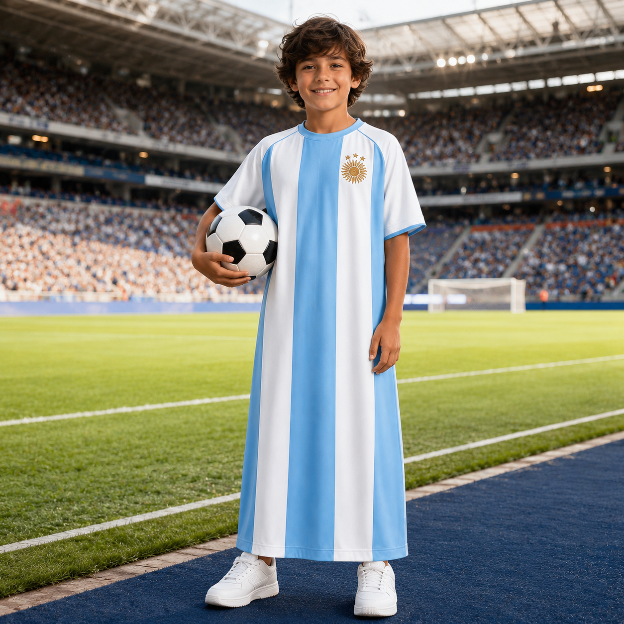 Child wearing an Argentina soccer jersey Kaftan Thobe holding a ball on a stadium field.