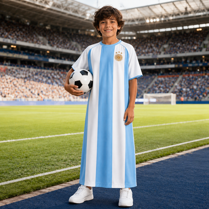 Child wearing an Argentina soccer jersey Kaftan Thobe holding a ball on a stadium field.