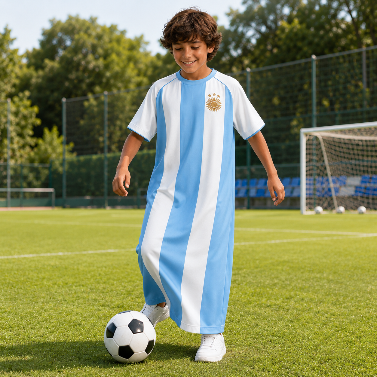 Child in Argentina soccer jersey Kaftan Thobe playing with a ball on a grass field