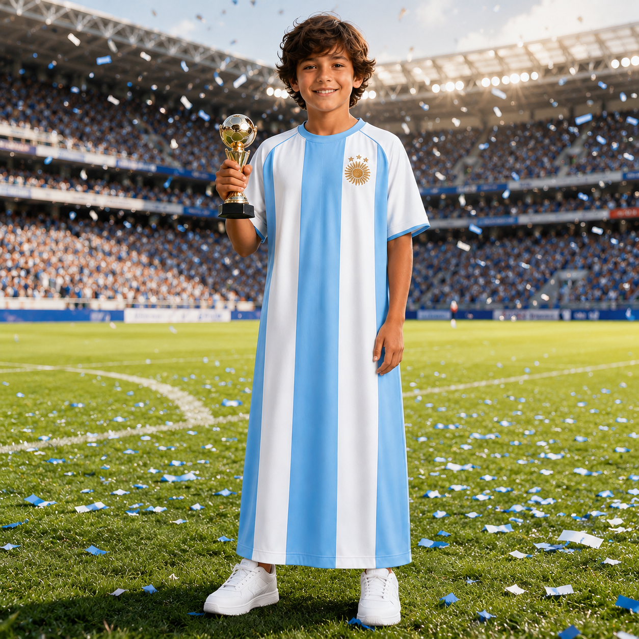 Child in Argentina soccer jersey Thobe holding a trophy on a stadium field with confetti.