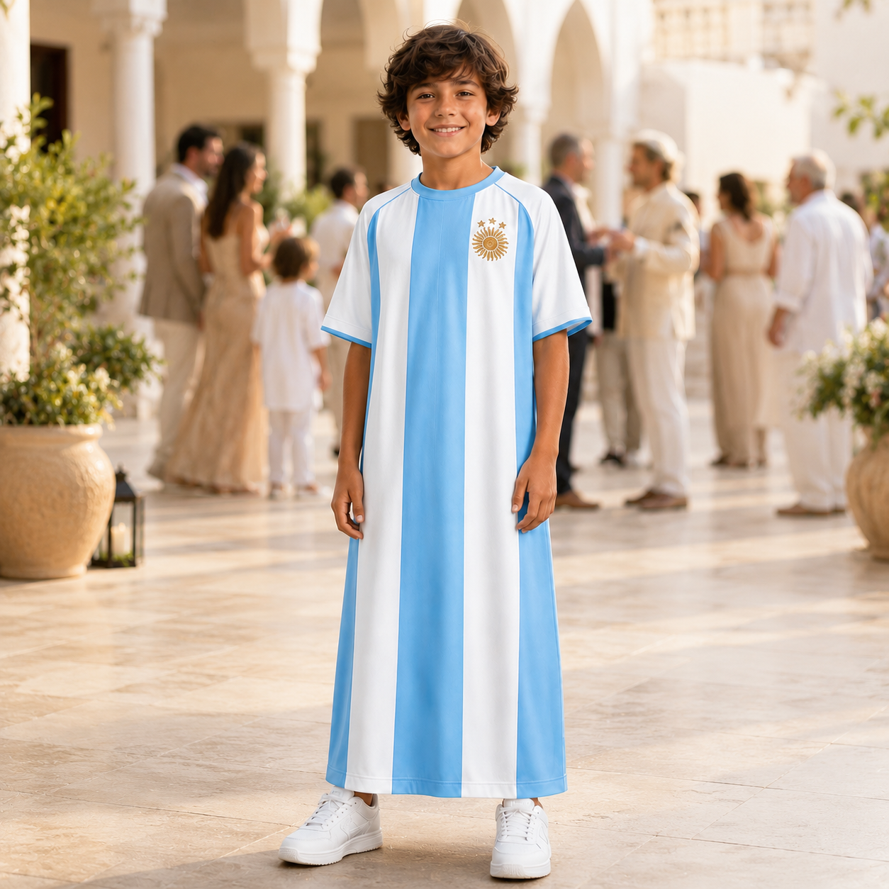 Child wearing a blue and white striped Kaftan Thobe dress with a central emblem, standing outdoors in a courtyard.