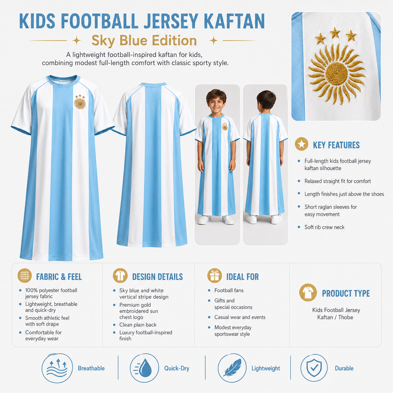 Kids Kaftan Boys Thobe Sky Blue Football Jersey Edition
