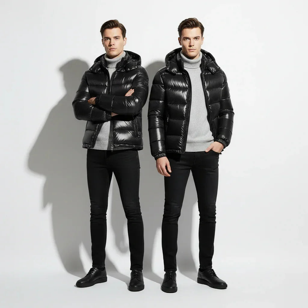 Two men wearing black puffer jackets and black pants on a white background