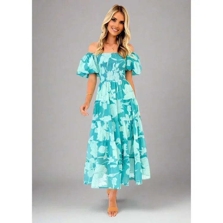 Mabel Flowing Off-Shoulder Maxi Dress with Vintage Puff Sleeves