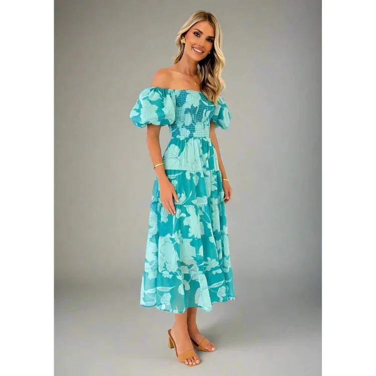 Mabel Flowing Off-Shoulder Maxi Dress with Vintage Puff Sleeves