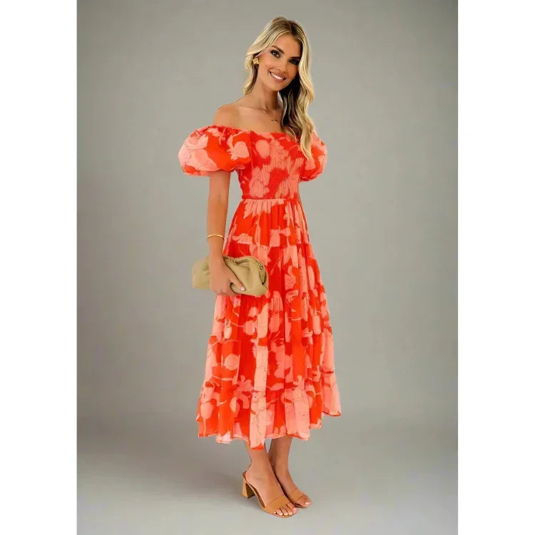 Mabel Flowing Off-Shoulder Maxi Dress with Vintage Puff Sleeves