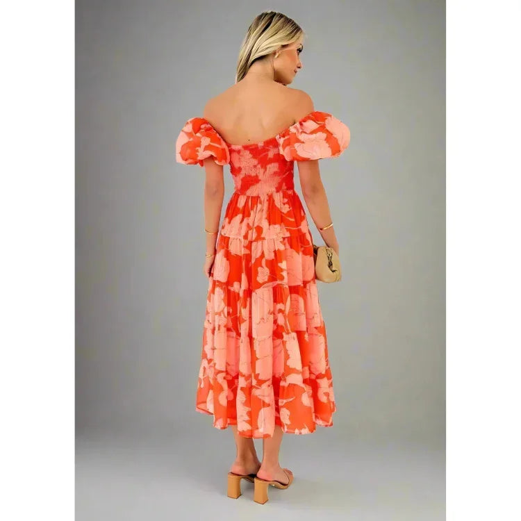 Mabel Flowing Off-Shoulder Maxi Dress with Vintage Puff Sleeves