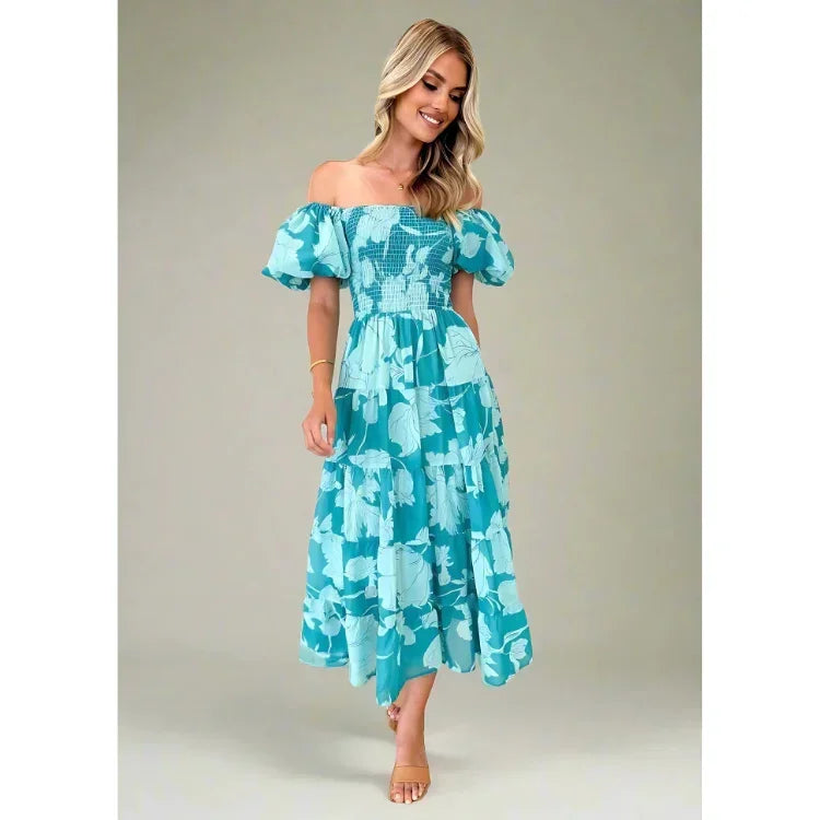 Mabel Flowing Off-Shoulder Maxi Dress with Vintage Puff Sleeves