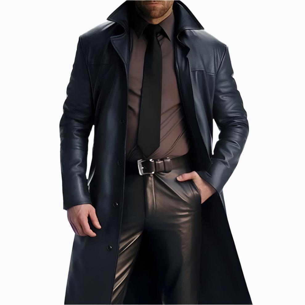 Men's Faux Leather Coat Motorcycle Riding Long Trench Coat - Rebooters Mens Leather Jackets