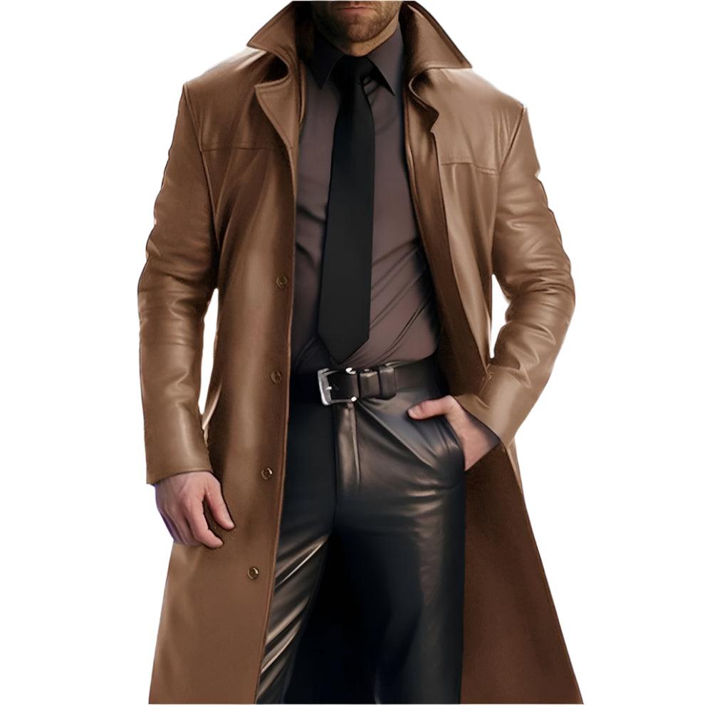 Men's Faux Leather Coat Motorcycle Riding Long Trench Coat - Rebooters Mens Leather Jackets
