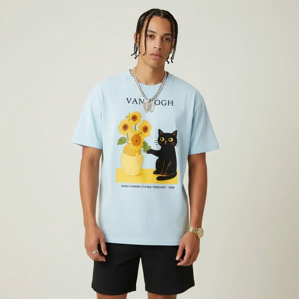 Men’s Van Gogh Cat Sunflowers Graphic Japan T-Shirt | Rebooters