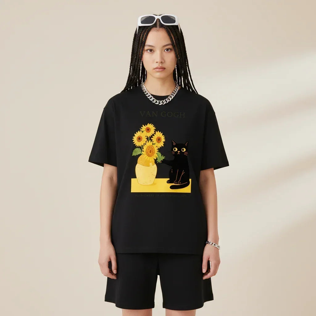 Men’s Van Gogh Cat Sunflowers Graphic Japan T-Shirt | Rebooters