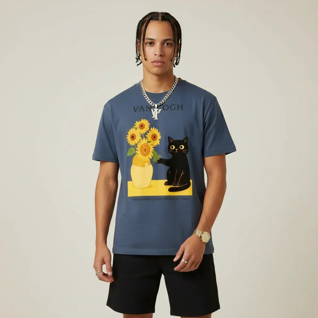 Men’s Van Gogh Cat Sunflowers Graphic Japan T-Shirt | Rebooters