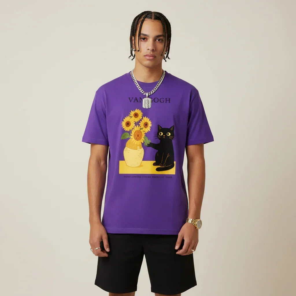 Men’s Van Gogh Cat Sunflowers Graphic Japan T-Shirt | Rebooters