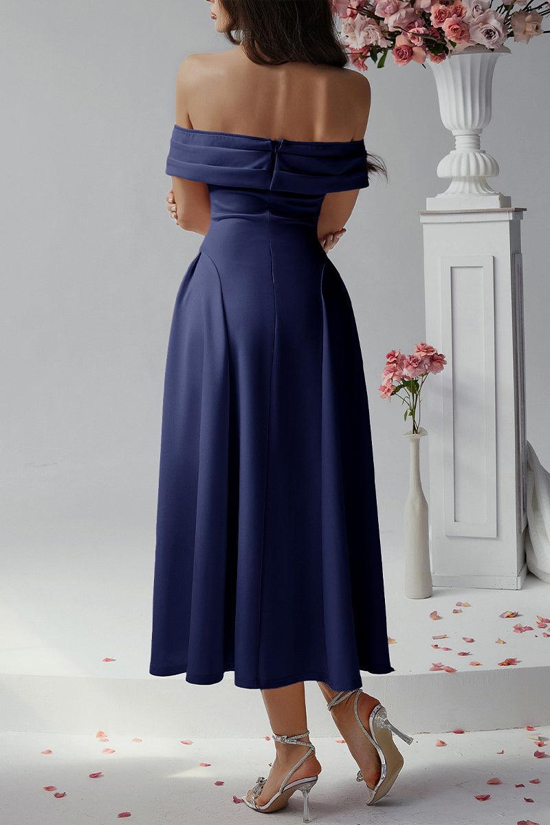 Erin Off-Shoulder Pleated A-Line Midi Dress for Events Rebooters Maxi Women's Dresses