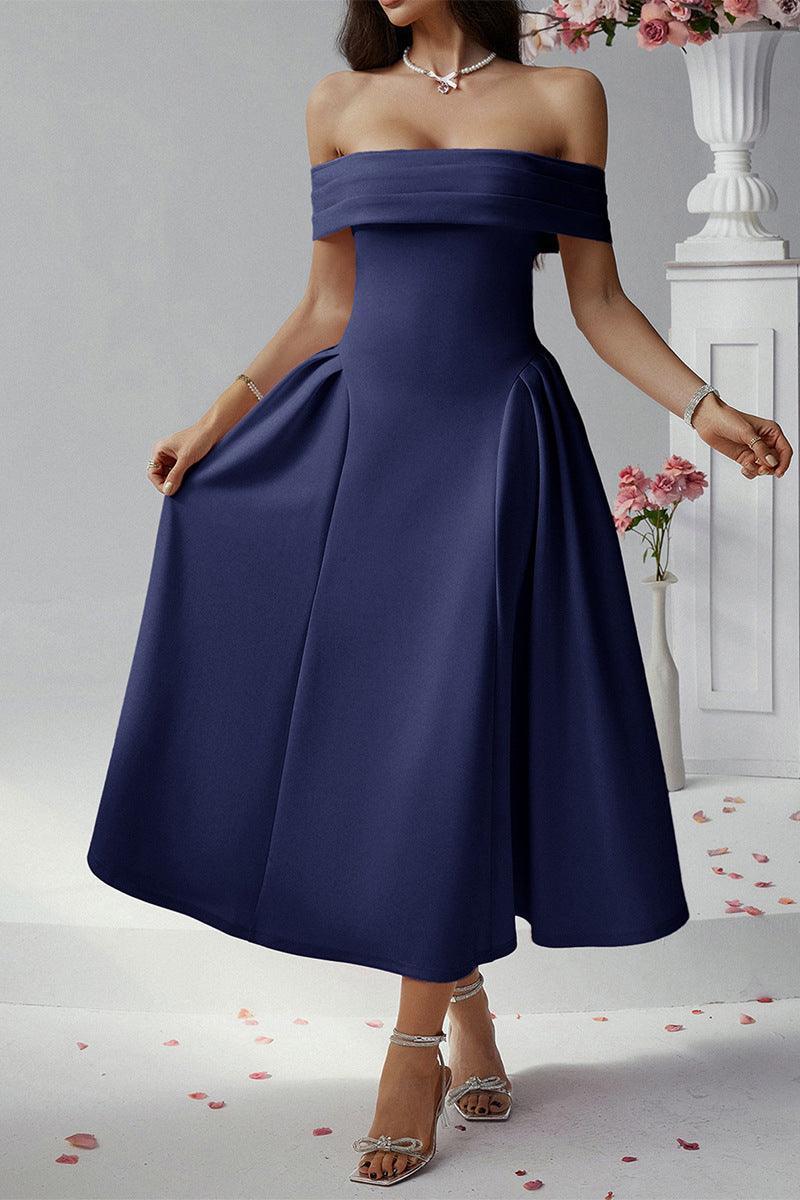 Erin Off-Shoulder Pleated A-Line Midi Dress for Events Rebooters Maxi Women's Dresses