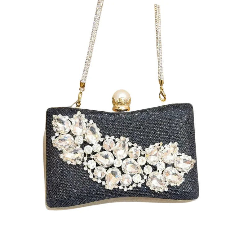 Black evening clutch bag with crystal rhinestones and gold chain strap