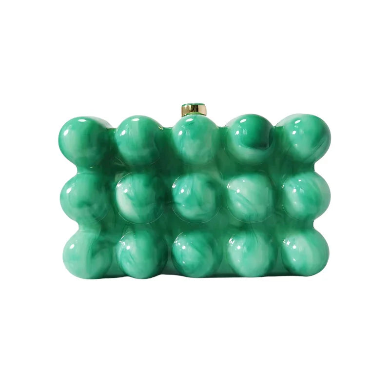 Green bubble clutch purse with glossy marble texture and gold clasp, displayed on white background