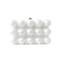 White pearl beaded clutch bag with rectangular shape on white background
