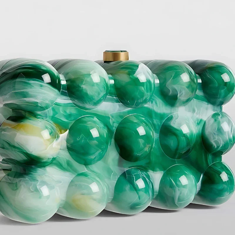 Green marbled acrylic clutch purse with bubble texture and gold clasp